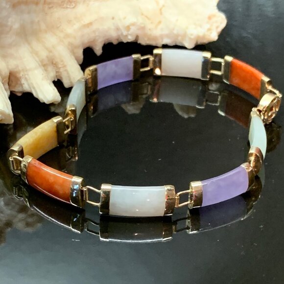 Jewelry - 14K Gold Multicolor Jade Gemstone Bar Link Estate Vtg Tennis Bracelet J818